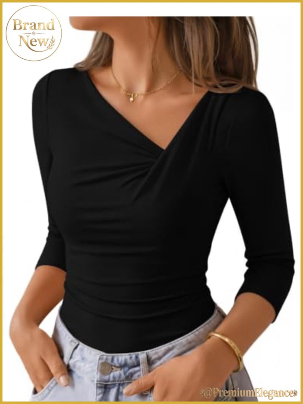 Ribbed Knit 3/4 Sleeve Asymmetrical Neck Ruched Waist Top